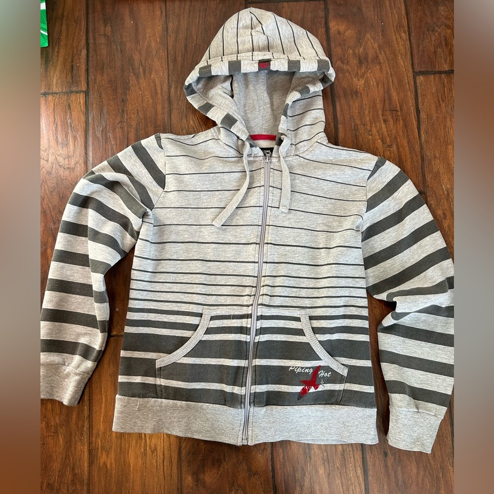 Piping Hot Gray Striped Boys Hoodie Zip-Up Sweatshirt Skateboard Skater Sz 12